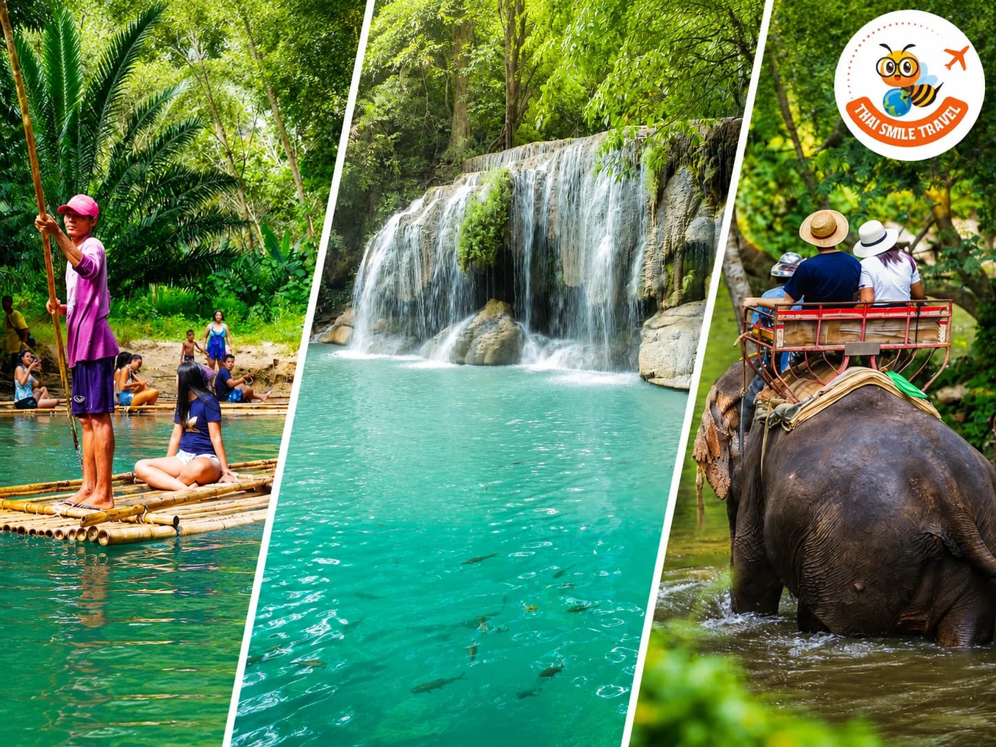 Erawan Waterfalls, Elephant Trekking & Bamboo Rafting at Thai Smile Travels